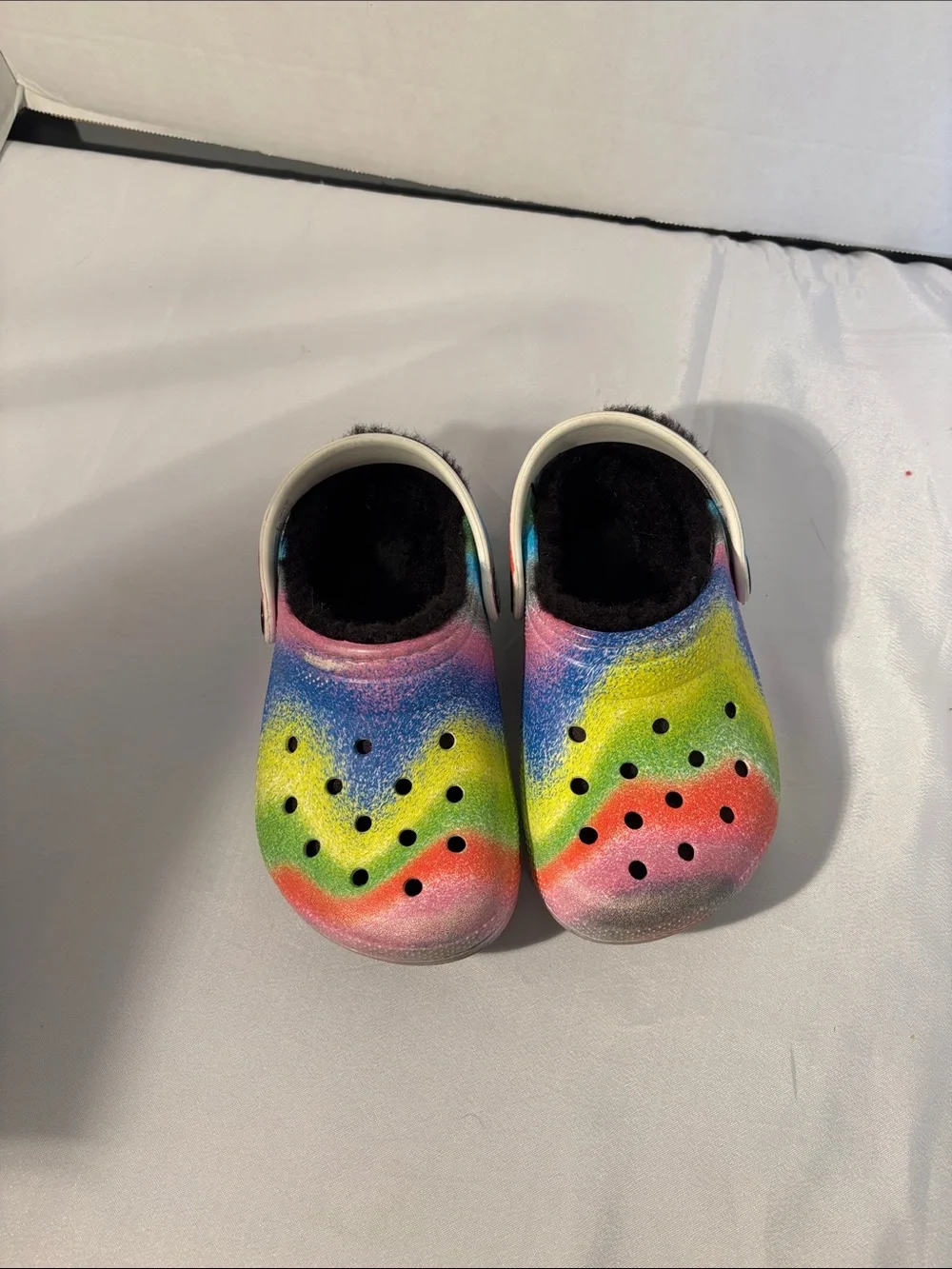 CROCS Kids Rainbow Foam Clogs with Black Fleece Lining